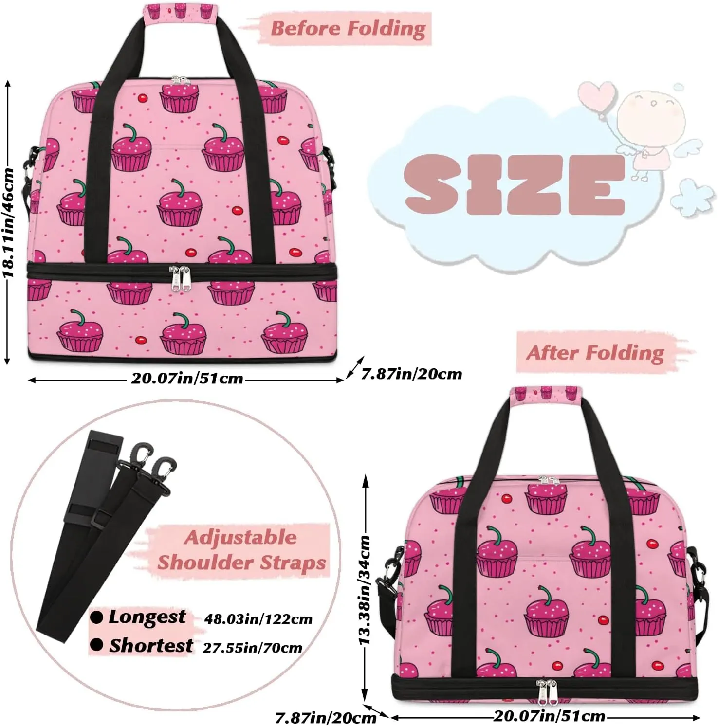 Sports Duffel Bag, Foldable Cupcakes Travel Duffel Bag, Gym Yoga Beach Bag Weekender Overnight Bag with Shoes Compartment for Men Women, Sweets