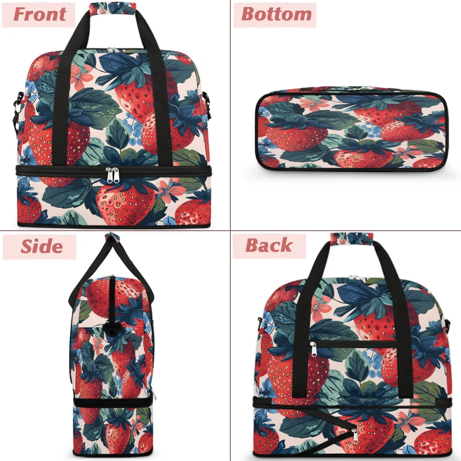 Sports Duffel Bag, Foldable Cute Strawberry Travel Duffel Bag, Gym Yoga Beach Bag Weekender Overnight Bag with Shoes Compartment for Men Women, Summer Fruits Print