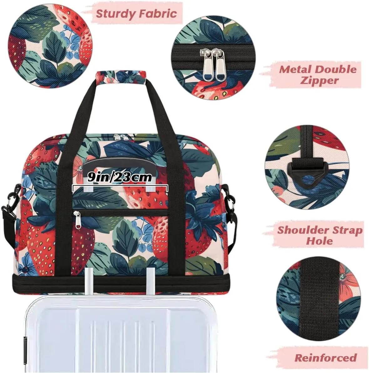 Sports Duffel Bag, Foldable Cute Strawberry Travel Duffel Bag, Gym Yoga Beach Bag Weekender Overnight Bag with Shoes Compartment for Men Women, Summer Fruits Print
