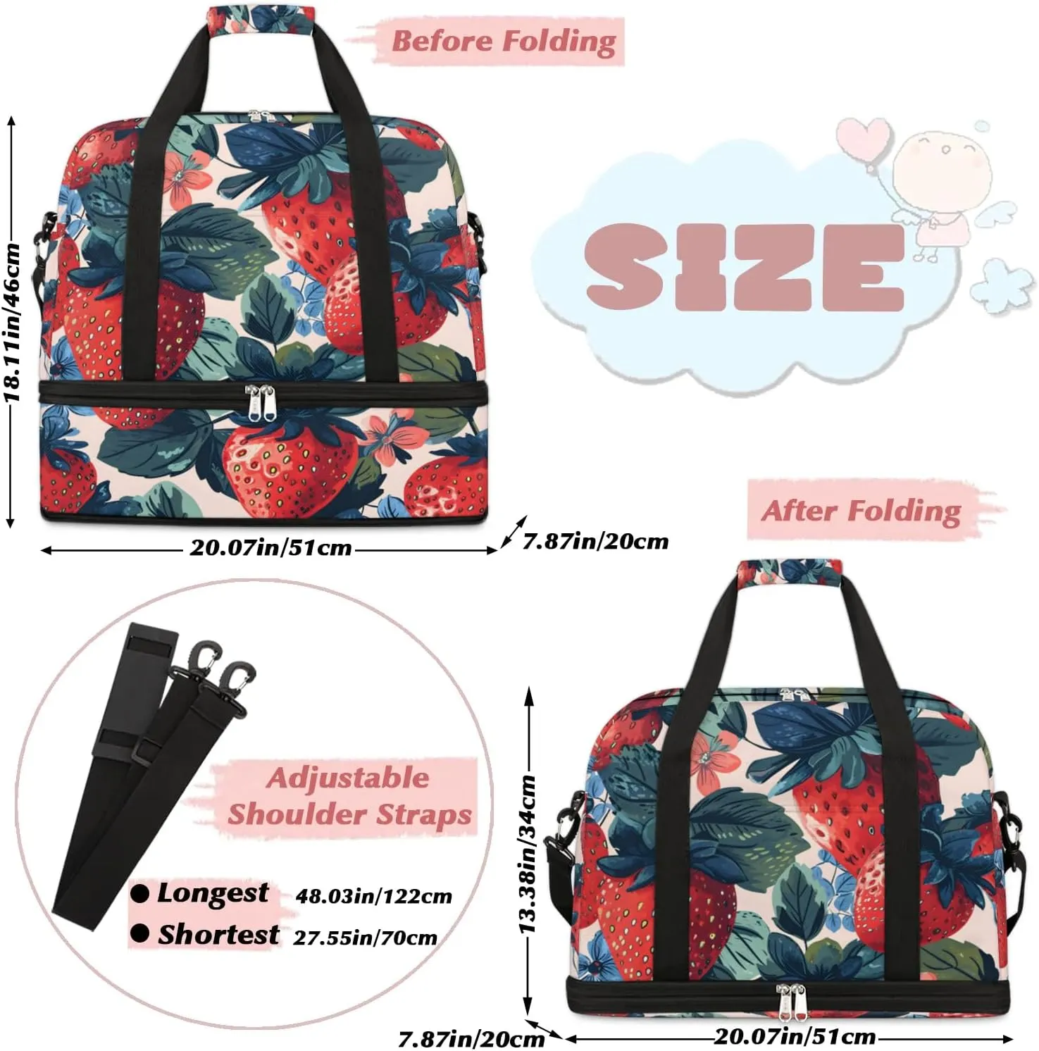 Sports Duffel Bag, Foldable Cute Strawberry Travel Duffel Bag, Gym Yoga Beach Bag Weekender Overnight Bag with Shoes Compartment for Men Women, Summer Fruits Print