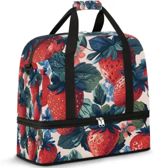 Sports Duffel Bag, Foldable Cute Strawberry Travel Duffel Bag, Gym Yoga Beach Bag Weekender Overnight Bag with Shoes Compartment for Men Women, Summer Fruits Print