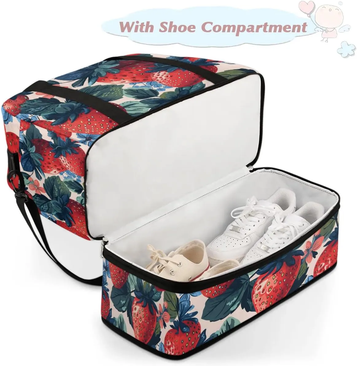 Sports Duffel Bag, Foldable Cute Strawberry Travel Duffel Bag, Gym Yoga Beach Bag Weekender Overnight Bag with Shoes Compartment for Men Women, Summer Fruits Print