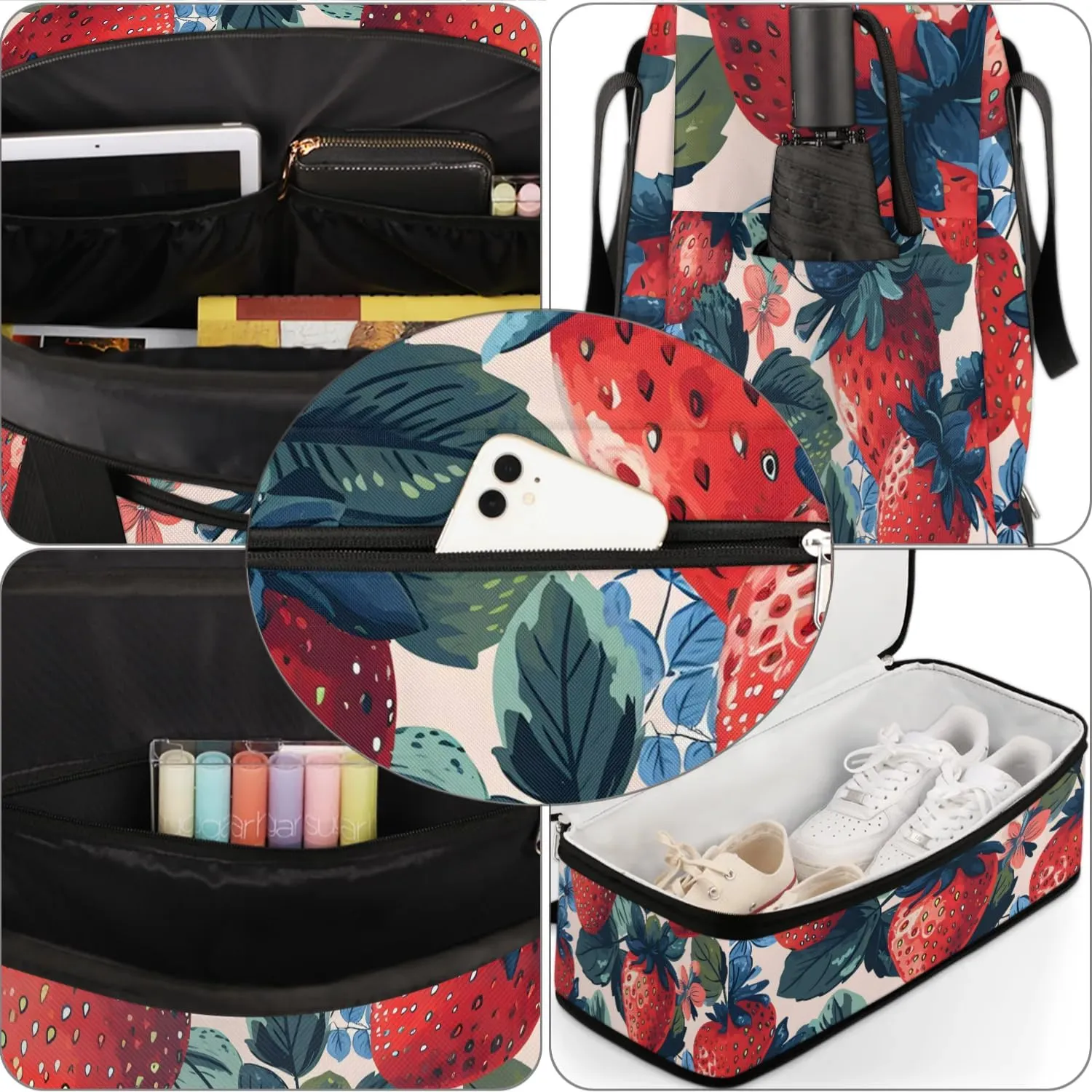 Sports Duffel Bag, Foldable Cute Strawberry Travel Duffel Bag, Gym Yoga Beach Bag Weekender Overnight Bag with Shoes Compartment for Men Women, Summer Fruits Print