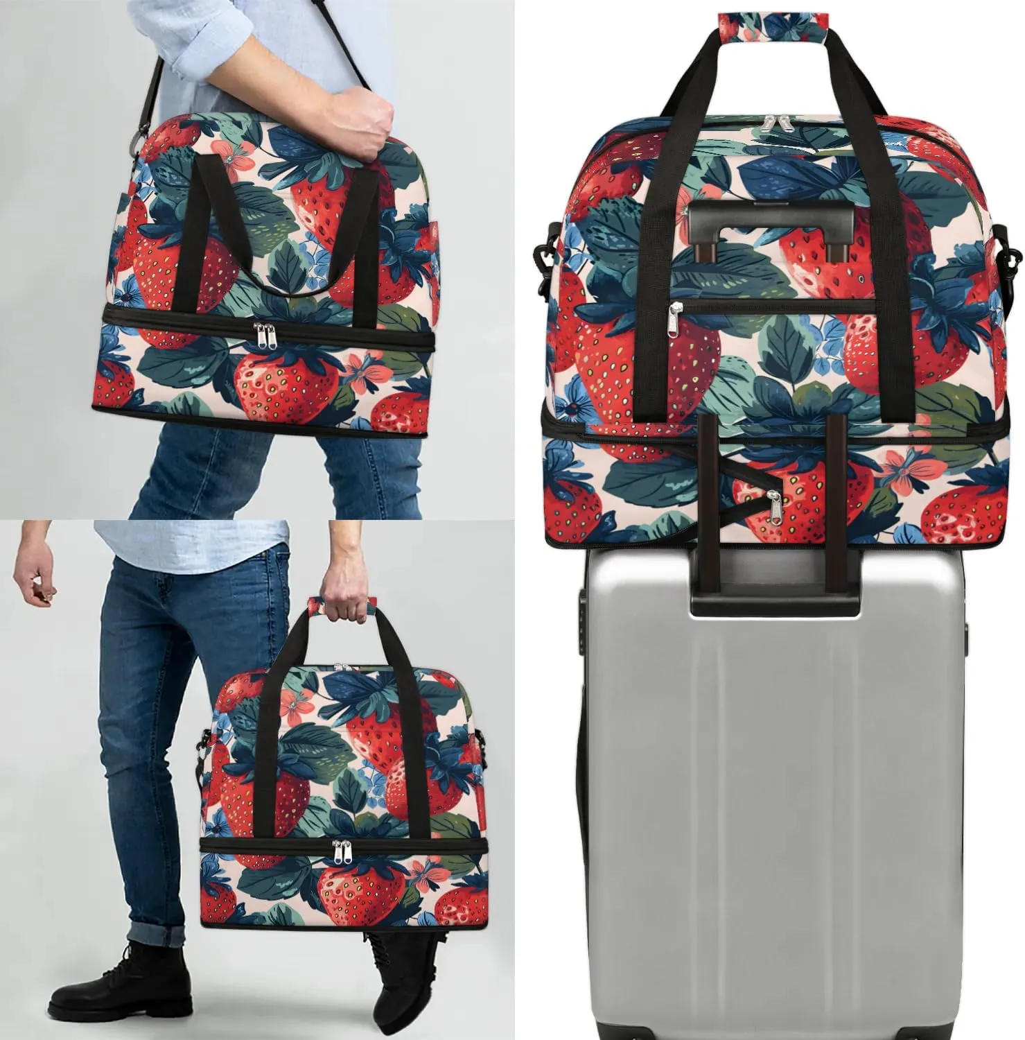 Sports Duffel Bag, Foldable Cute Strawberry Travel Duffel Bag, Gym Yoga Beach Bag Weekender Overnight Bag with Shoes Compartment for Men Women, Summer Fruits Print