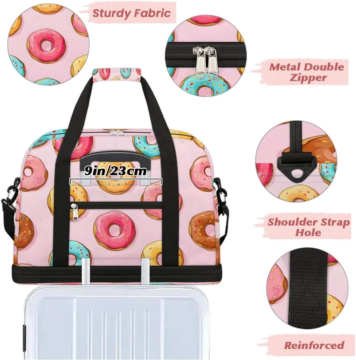 Sports Duffel Bag, Foldable Doughnuts Travel Duffel Bag, Gym Yoga Beach Bag Weekender Overnight Bag with Shoes Compartment for Men Women, Doughnut Food