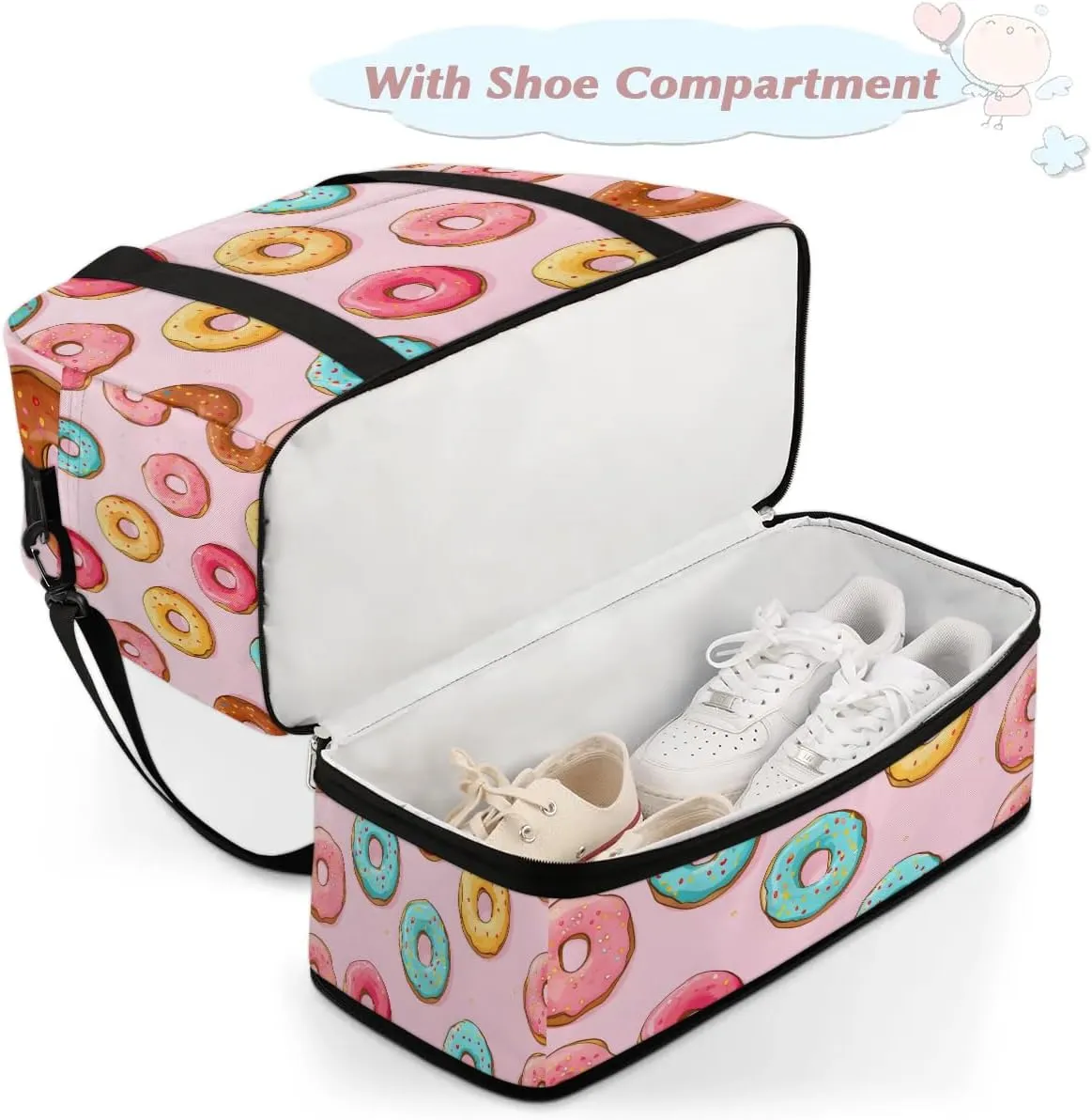 Sports Duffel Bag, Foldable Doughnuts Travel Duffel Bag, Gym Yoga Beach Bag Weekender Overnight Bag with Shoes Compartment for Men Women, Doughnut Food