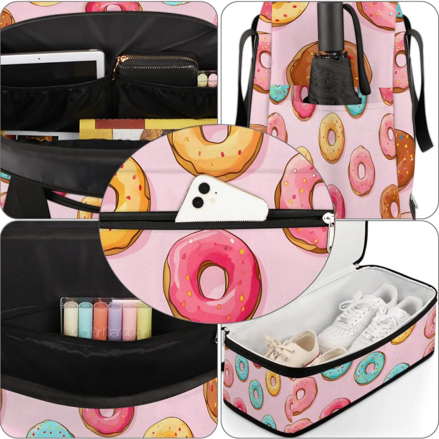 Sports Duffel Bag, Foldable Doughnuts Travel Duffel Bag, Gym Yoga Beach Bag Weekender Overnight Bag with Shoes Compartment for Men Women, Doughnut Food