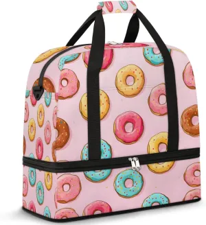 Sports Duffel Bag, Foldable Doughnuts Travel Duffel Bag, Gym Yoga Beach Bag Weekender Overnight Bag with Shoes Compartment for Men Women, Doughnut Food
