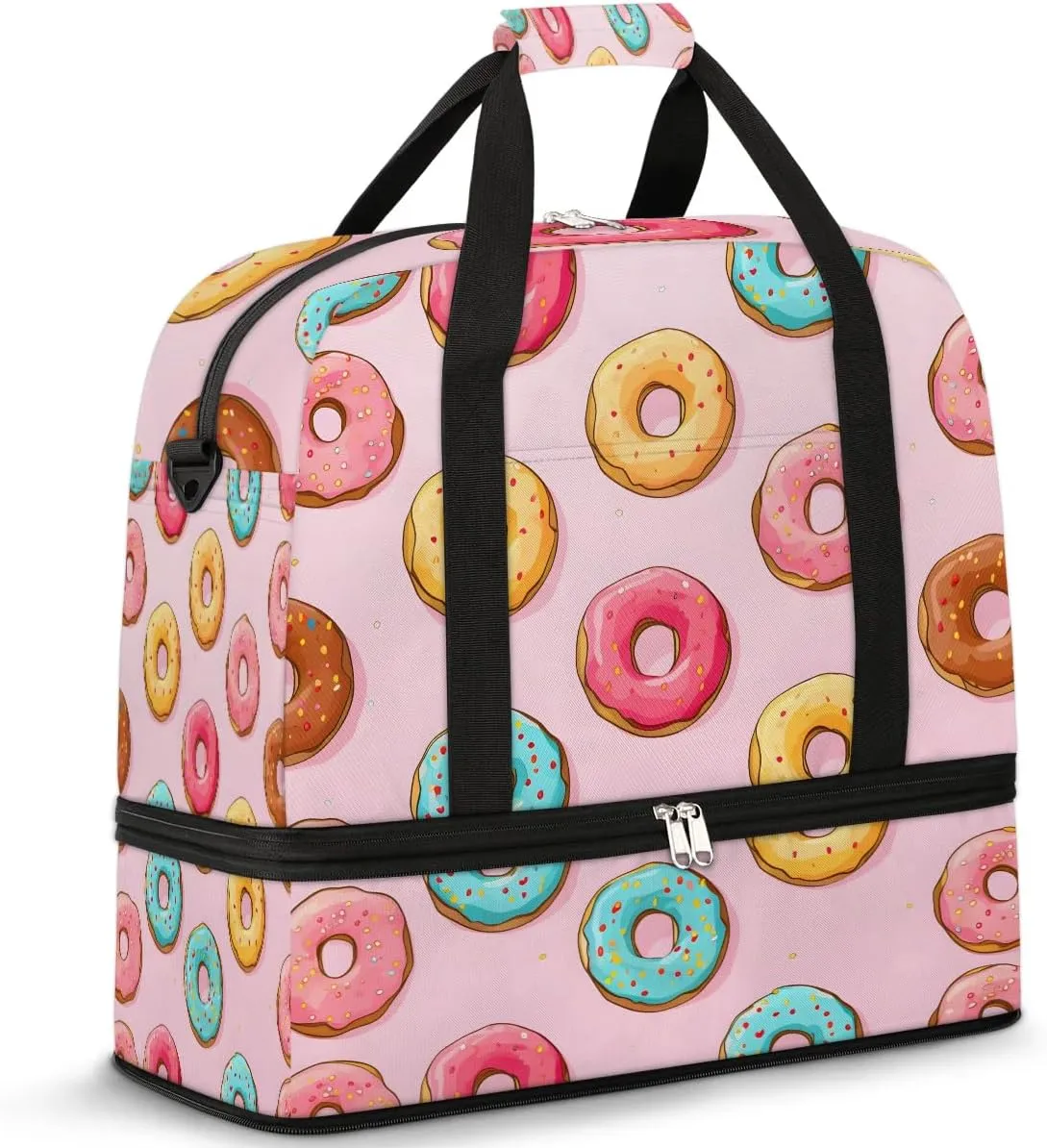 Sports Duffel Bag, Foldable Doughnuts Travel Duffel Bag, Gym Yoga Beach Bag Weekender Overnight Bag with Shoes Compartment for Men Women, Doughnut Food