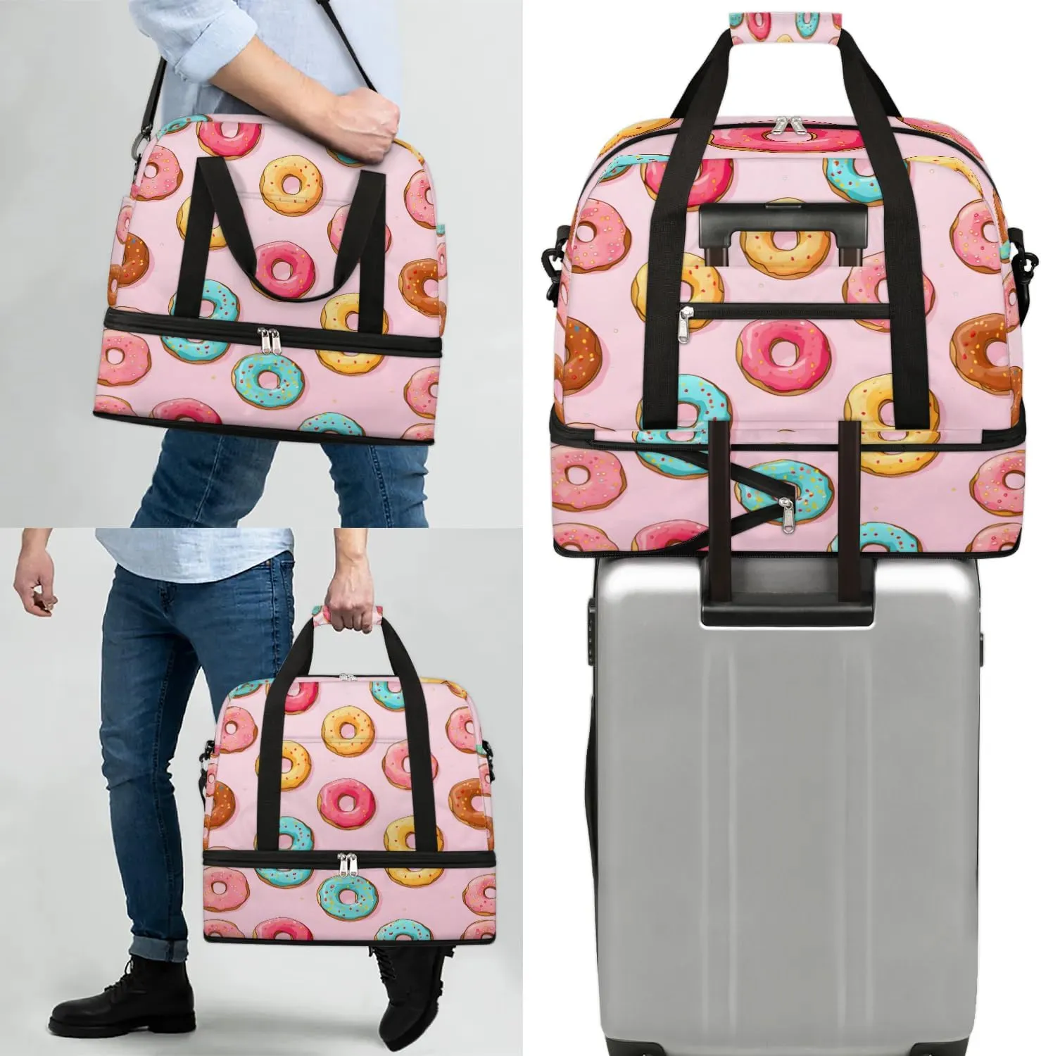 Sports Duffel Bag, Foldable Doughnuts Travel Duffel Bag, Gym Yoga Beach Bag Weekender Overnight Bag with Shoes Compartment for Men Women, Doughnut Food
