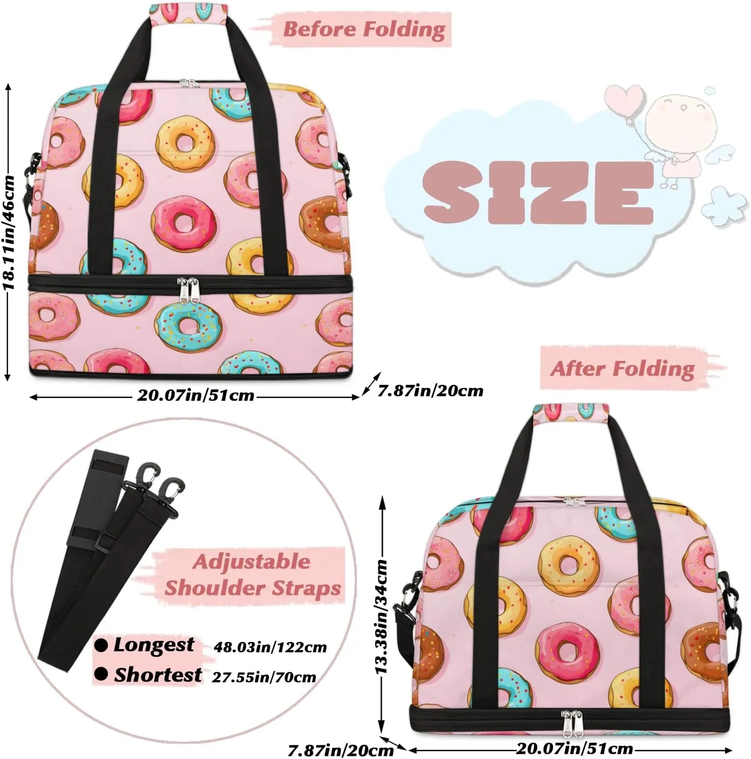 Sports Duffel Bag, Foldable Doughnuts Travel Duffel Bag, Gym Yoga Beach Bag Weekender Overnight Bag with Shoes Compartment for Men Women, Doughnut Food