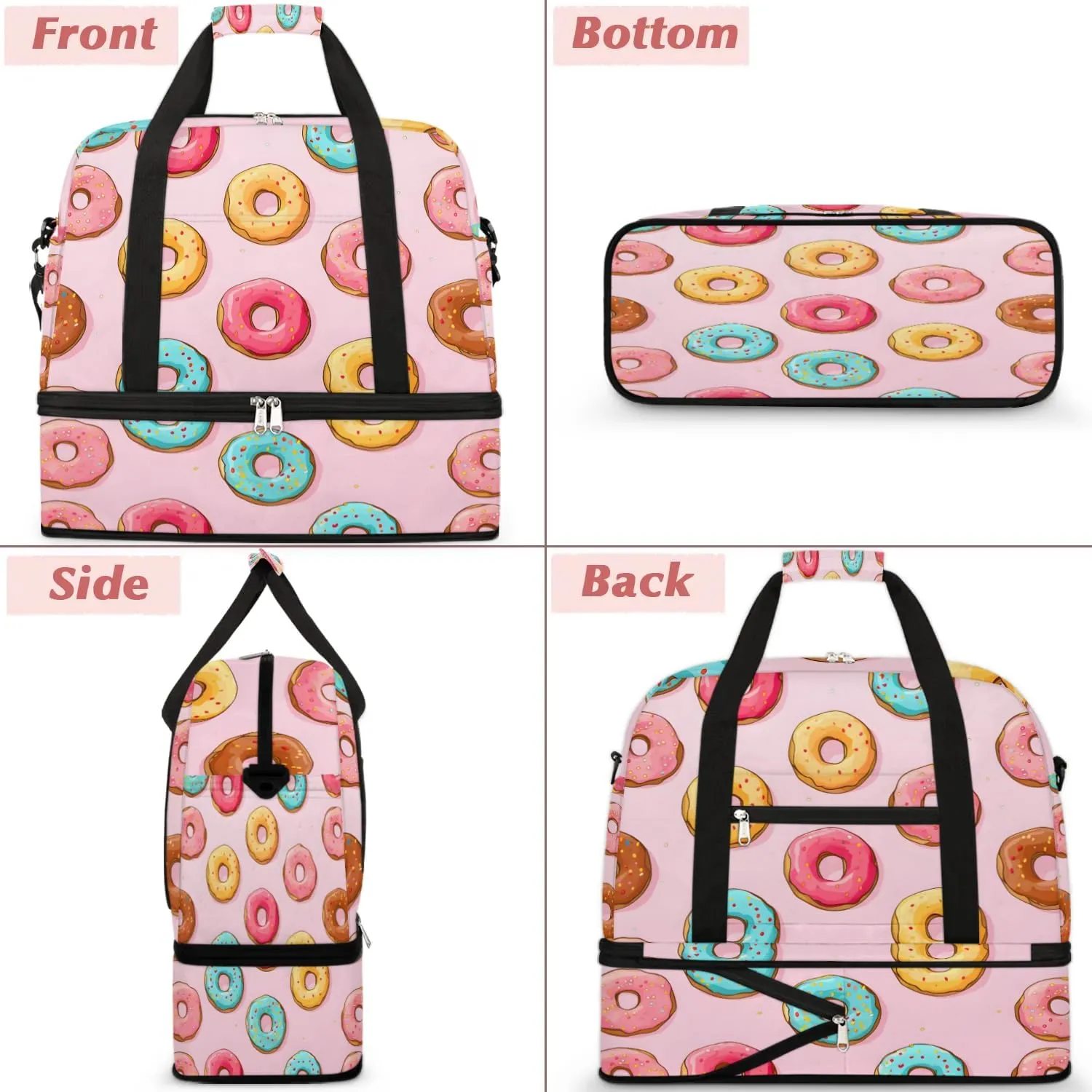 Sports Duffel Bag, Foldable Doughnuts Travel Duffel Bag, Gym Yoga Beach Bag Weekender Overnight Bag with Shoes Compartment for Men Women, Doughnut Food
