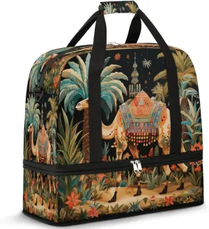Sports Duffel Bag, Foldable Dromedary Camels Travel Duffel Bag, Gym Yoga Beach Bag Weekender Overnight Bag with Shoes Compartment for Men Women, Tropical Camels