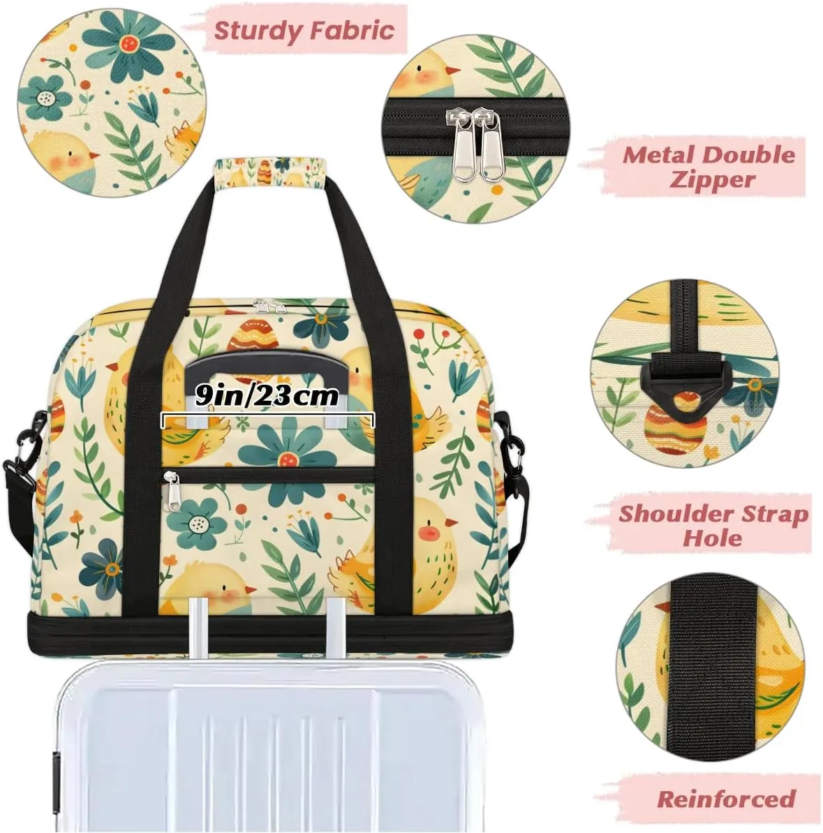 Sports Duffel Bag, Foldable Farmhouse Chicken Travel Duffel Bag, Gym Yoga Beach Bag Weekender Overnight Bag with Shoes Compartment for Men Women, Vintage Farm Chicken