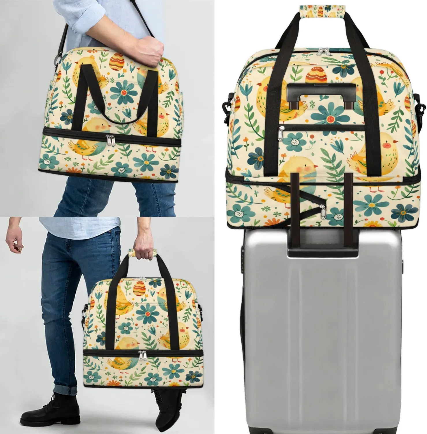 Sports Duffel Bag, Foldable Farmhouse Chicken Travel Duffel Bag, Gym Yoga Beach Bag Weekender Overnight Bag with Shoes Compartment for Men Women, Vintage Farm Chicken
