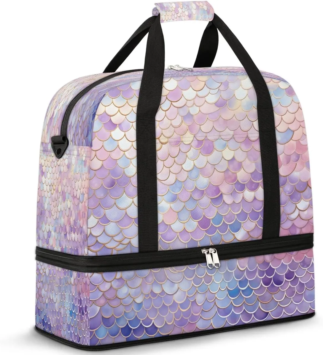 Sports Duffel Bag, Foldable Fish Scales Travel Duffel Bag, Gym Yoga Beach Bag Weekender Overnight Bag with Shoes Compartment for Men Women, Mermaids
