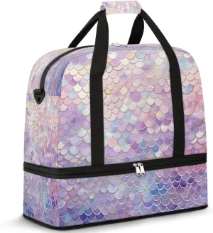 Sports Duffel Bag, Foldable Fish Scales Travel Duffel Bag, Gym Yoga Beach Bag Weekender Overnight Bag with Shoes Compartment for Men Women, Mermaids