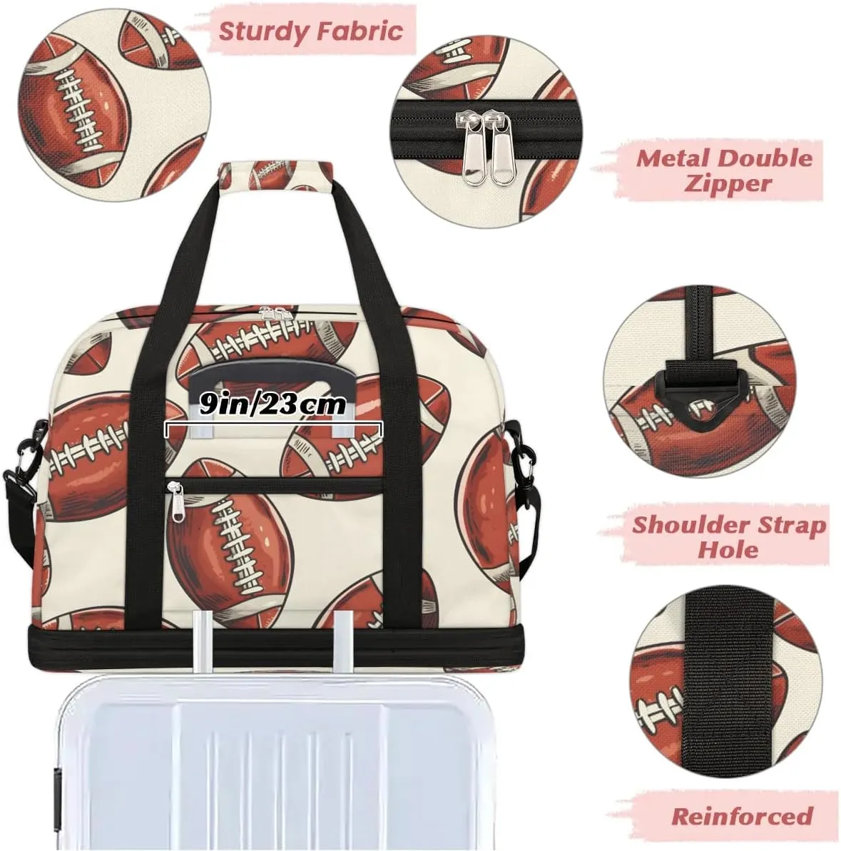 Sports Duffel Bag, Foldable Rugby Football Travel Duffel Bag, Gym Yoga Beach Bag Weekender Overnight Bag with Shoes Compartment for Men Women, Rugby Balls Sport