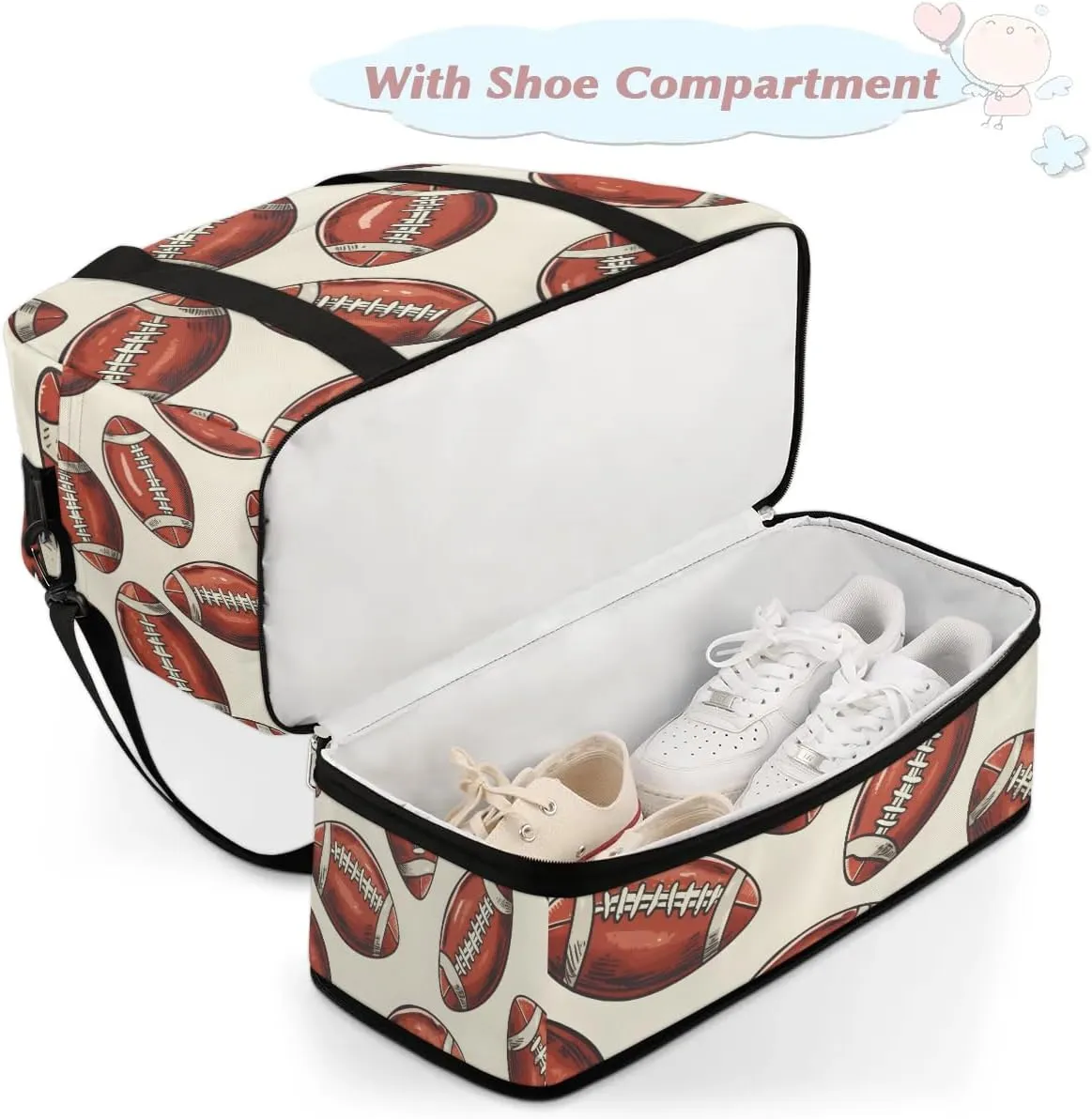 Sports Duffel Bag, Foldable Rugby Football Travel Duffel Bag, Gym Yoga Beach Bag Weekender Overnight Bag with Shoes Compartment for Men Women, Rugby Balls Sport