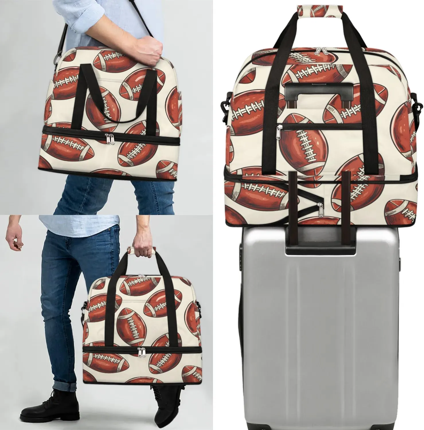 Sports Duffel Bag, Foldable Rugby Football Travel Duffel Bag, Gym Yoga Beach Bag Weekender Overnight Bag with Shoes Compartment for Men Women, Rugby Balls Sport