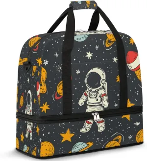 Sports Duffel Bag, Foldable Space Astronaut Rocket Travel Duffel Bag, Gym Yoga Beach Bag Weekender Overnight Bag with Shoes Compartment for Men Women, Cute Astronaut