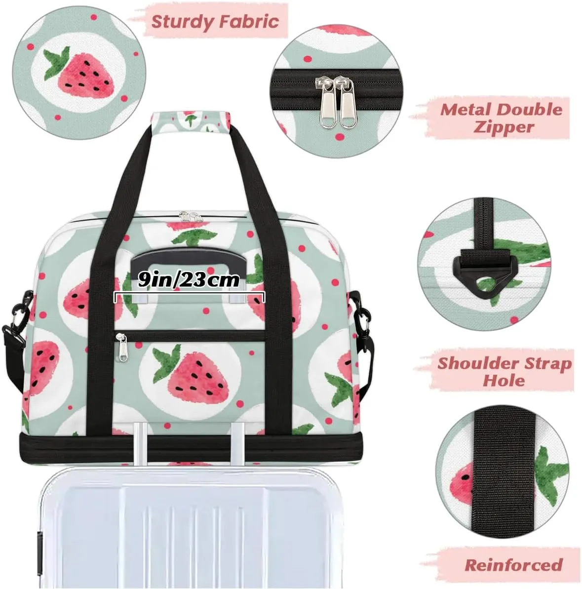 Sports Duffel Bag, Foldable Strawberry Travel Duffel Bag, Gym Yoga Beach Bag Weekender Overnight Bag with Shoes Compartment for Men Women, Fruits Cute