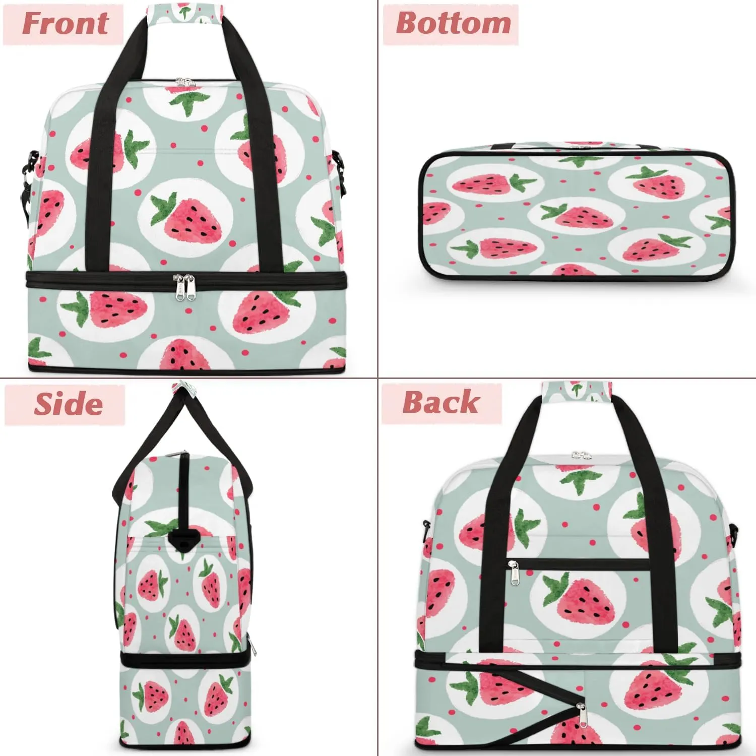 Sports Duffel Bag, Foldable Strawberry Travel Duffel Bag, Gym Yoga Beach Bag Weekender Overnight Bag with Shoes Compartment for Men Women, Fruits Cute