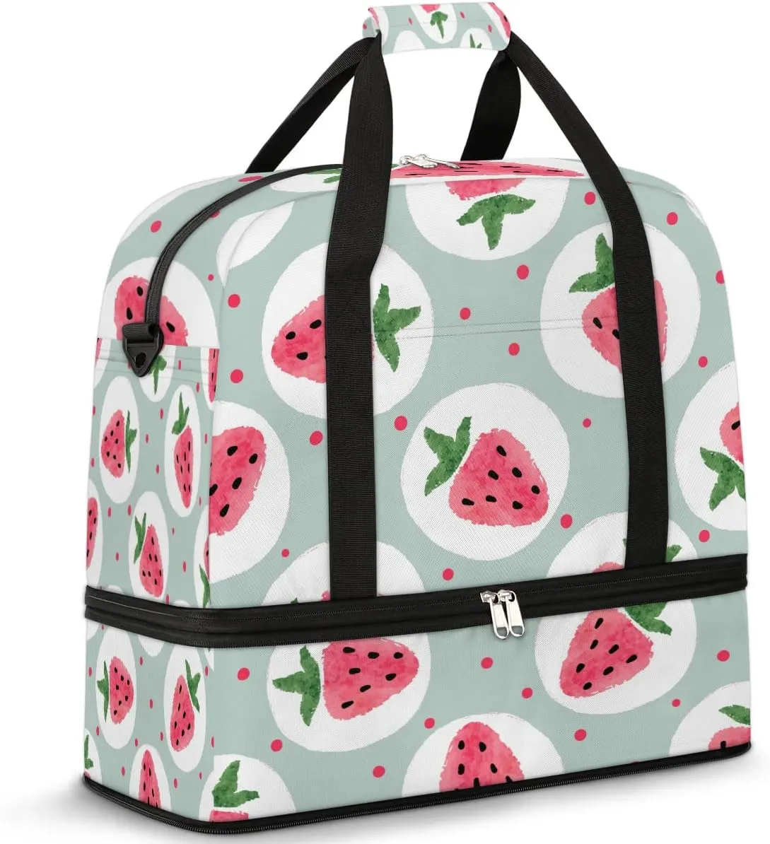 Sports Duffel Bag, Foldable Strawberry Travel Duffel Bag, Gym Yoga Beach Bag Weekender Overnight Bag with Shoes Compartment for Men Women, Fruits Cute
