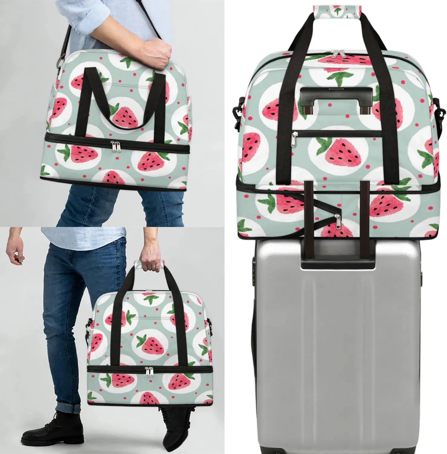 Sports Duffel Bag, Foldable Strawberry Travel Duffel Bag, Gym Yoga Beach Bag Weekender Overnight Bag with Shoes Compartment for Men Women, Fruits Cute