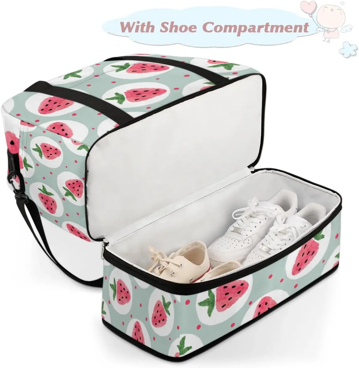 Sports Duffel Bag, Foldable Strawberry Travel Duffel Bag, Gym Yoga Beach Bag Weekender Overnight Bag with Shoes Compartment for Men Women, Fruits Cute