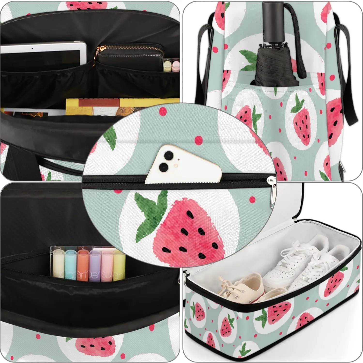 Sports Duffel Bag, Foldable Strawberry Travel Duffel Bag, Gym Yoga Beach Bag Weekender Overnight Bag with Shoes Compartment for Men Women, Fruits Cute