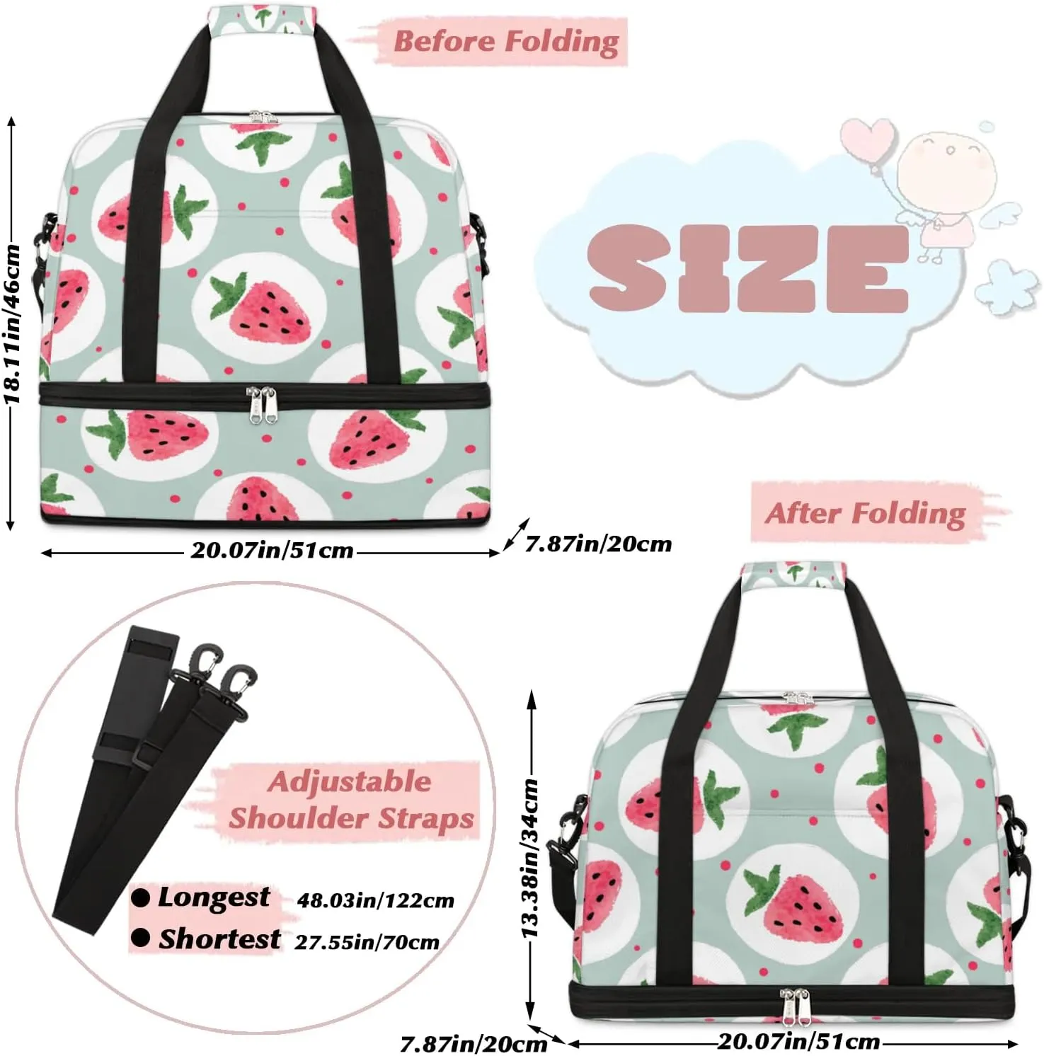 Sports Duffel Bag, Foldable Strawberry Travel Duffel Bag, Gym Yoga Beach Bag Weekender Overnight Bag with Shoes Compartment for Men Women, Fruits Cute
