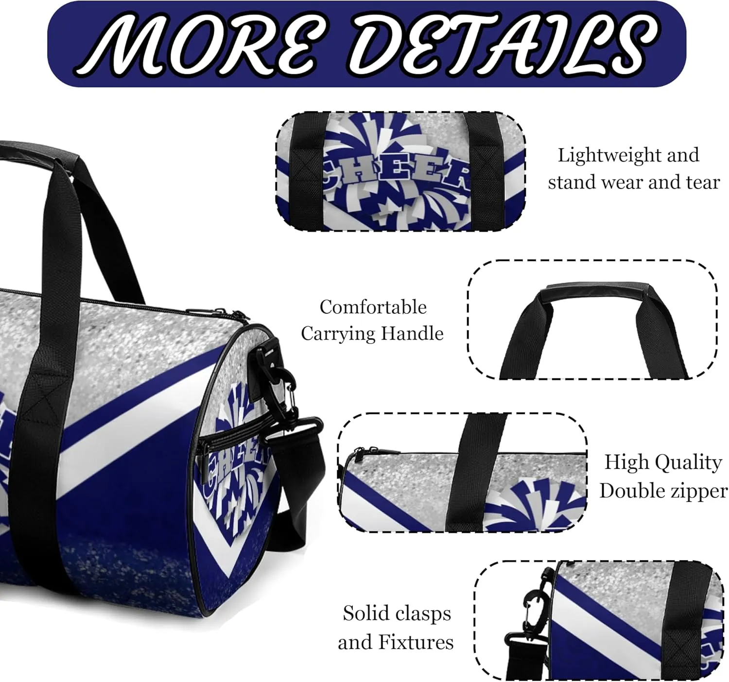 Sports Duffel for Cheerleaders, Cheer Bag for Women, Travel Duffle Bag, Weekender Bag, Cheerleading Gym Bag (Silver&Navy)