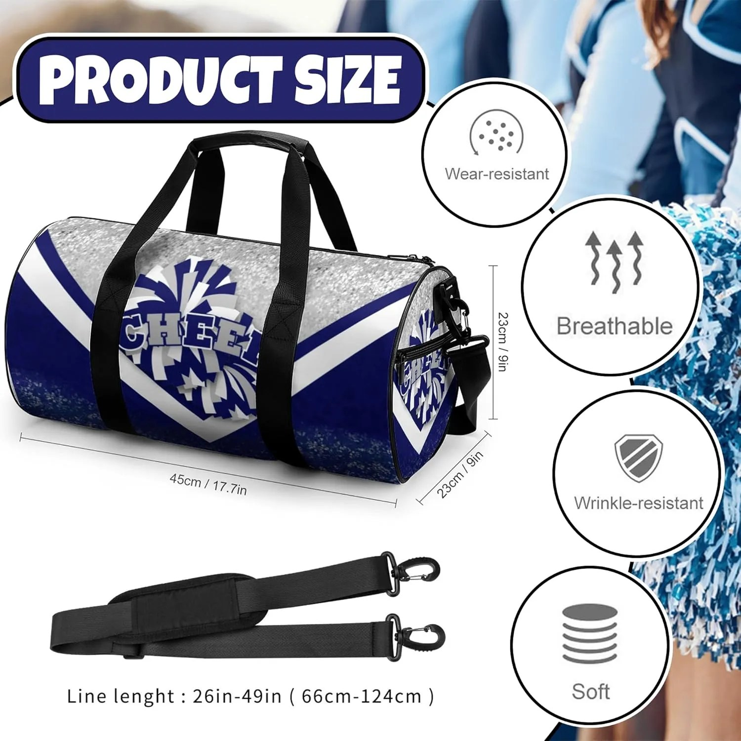 Sports Duffel for Cheerleaders, Cheer Bag for Women, Travel Duffle Bag, Weekender Bag, Cheerleading Gym Bag (Silver&Navy)