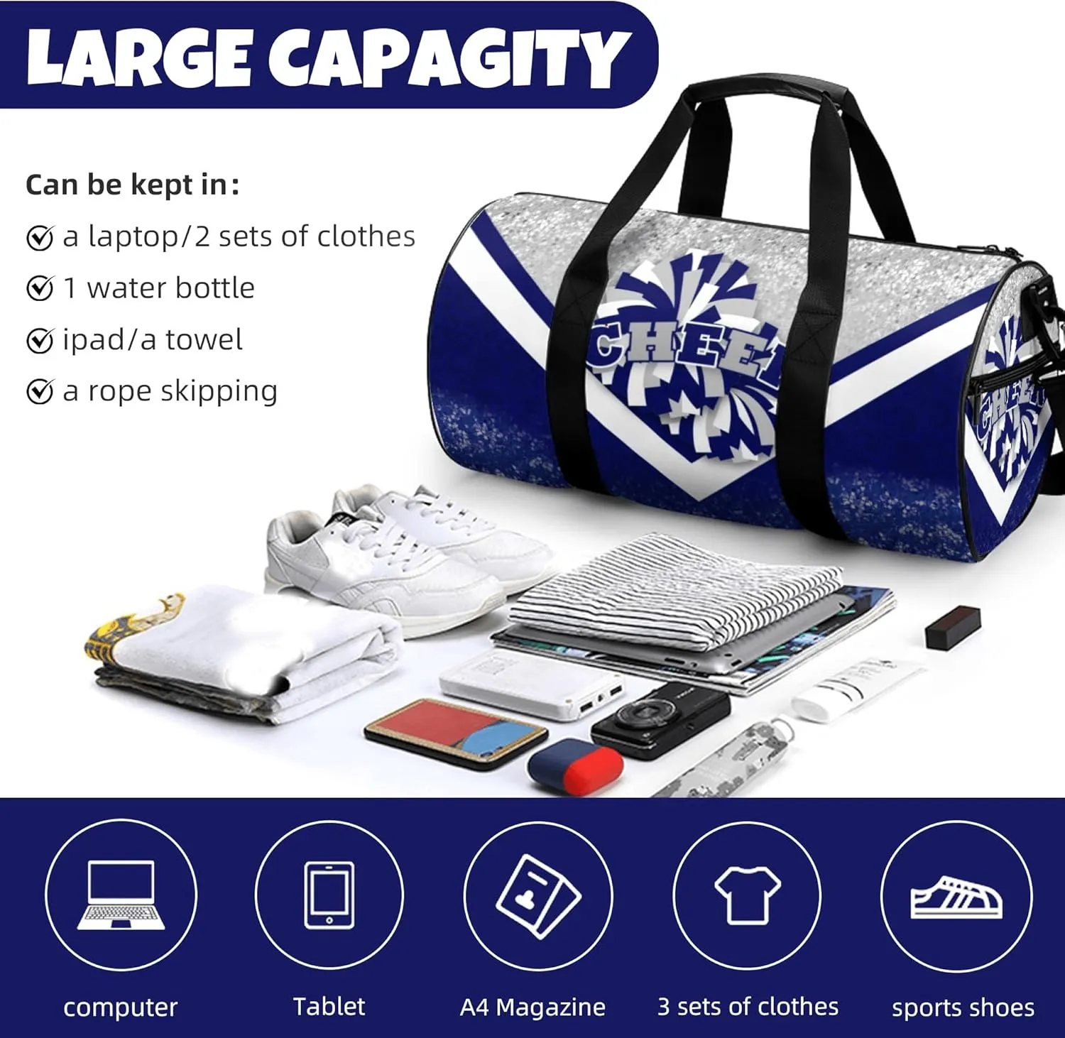 Sports Duffel for Cheerleaders, Cheer Bag for Women, Travel Duffle Bag, Weekender Bag, Cheerleading Gym Bag (Silver&Navy)