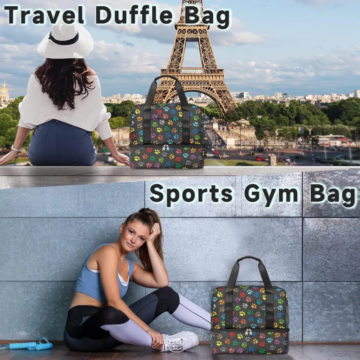 Sports Gym Bag Colorful Dog Paw Print Travel Duffel Bag Waterproof Lightweight Swim Bag Travel Tote Luggage Weekender Overnight Handbag Workout Bag with Shoes Compartment for Women Men