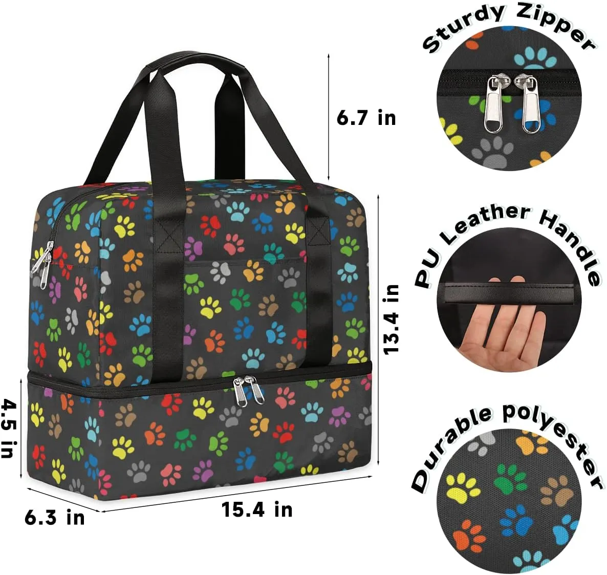 Sports Gym Bag Colorful Dog Paw Print Travel Duffel Bag Waterproof Lightweight Swim Bag Travel Tote Luggage Weekender Overnight Handbag Workout Bag with Shoes Compartment for Women Men