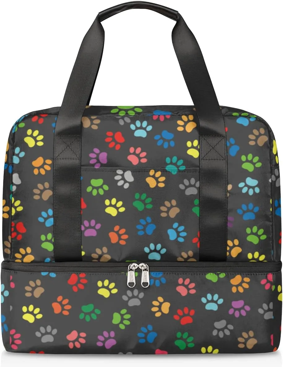 Sports Gym Bag Colorful Dog Paw Print Travel Duffel Bag Waterproof Lightweight Swim Bag Travel Tote Luggage Weekender Overnight Handbag Workout Bag with Shoes Compartment for Women Men