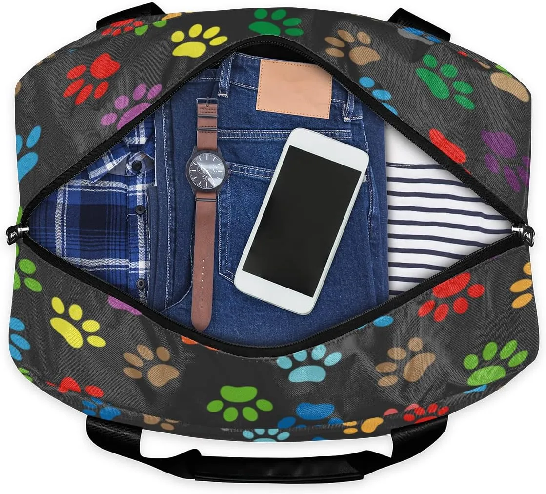 Sports Gym Bag Colorful Dog Paw Print Travel Duffel Bag Waterproof Lightweight Swim Bag Travel Tote Luggage Weekender Overnight Handbag Workout Bag with Shoes Compartment for Women Men