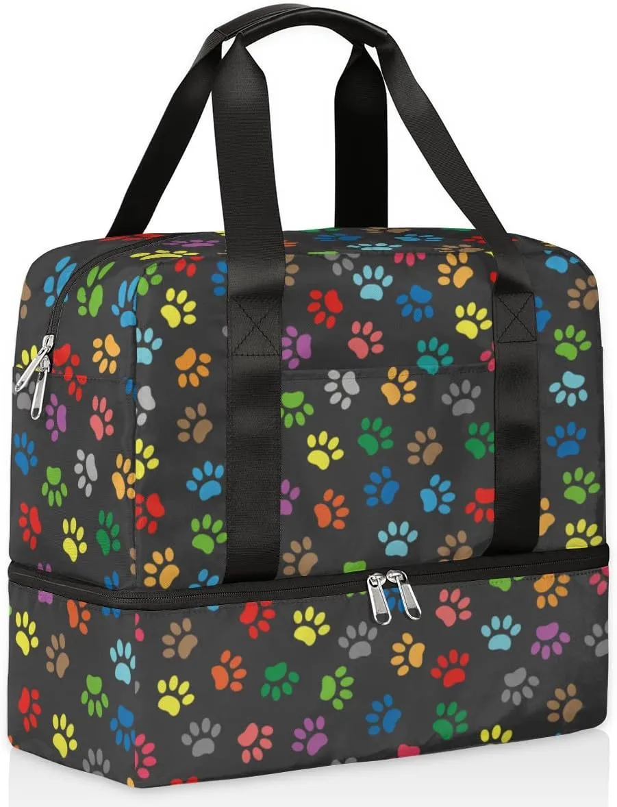 Sports Gym Bag Colorful Dog Paw Print Travel Duffel Bag Waterproof Lightweight Swim Bag Travel Tote Luggage Weekender Overnight Handbag Workout Bag with Shoes Compartment for Women Men