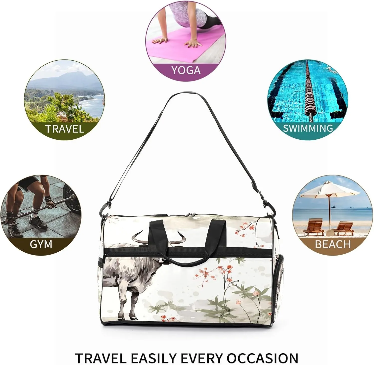 Sports Gym Bag for Women, Sport Duffle Workout Bags with Shoe Compartment, Small Womens Gym Bags, Chinese Painting Cow - 1
