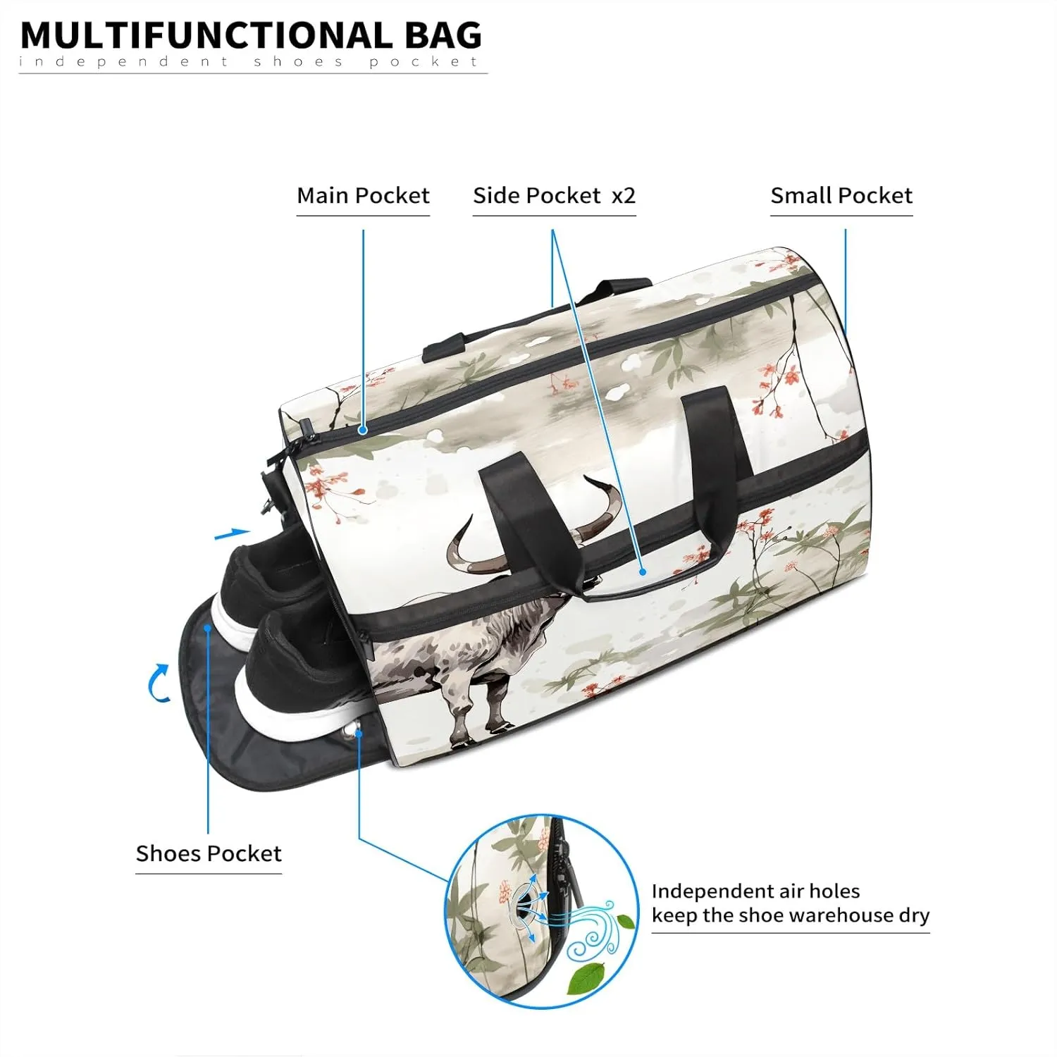 Sports Gym Bag for Women, Sport Duffle Workout Bags with Shoe Compartment, Small Womens Gym Bags, Chinese Painting Cow - 1