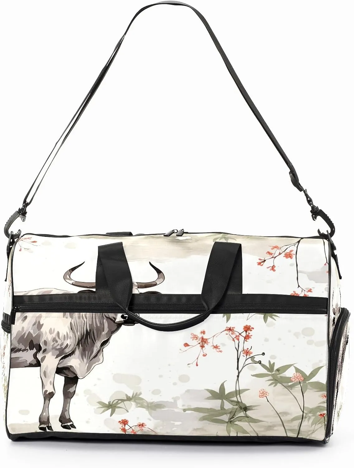 Sports Gym Bag for Women, Sport Duffle Workout Bags with Shoe Compartment, Small Womens Gym Bags, Chinese Painting Cow - 1