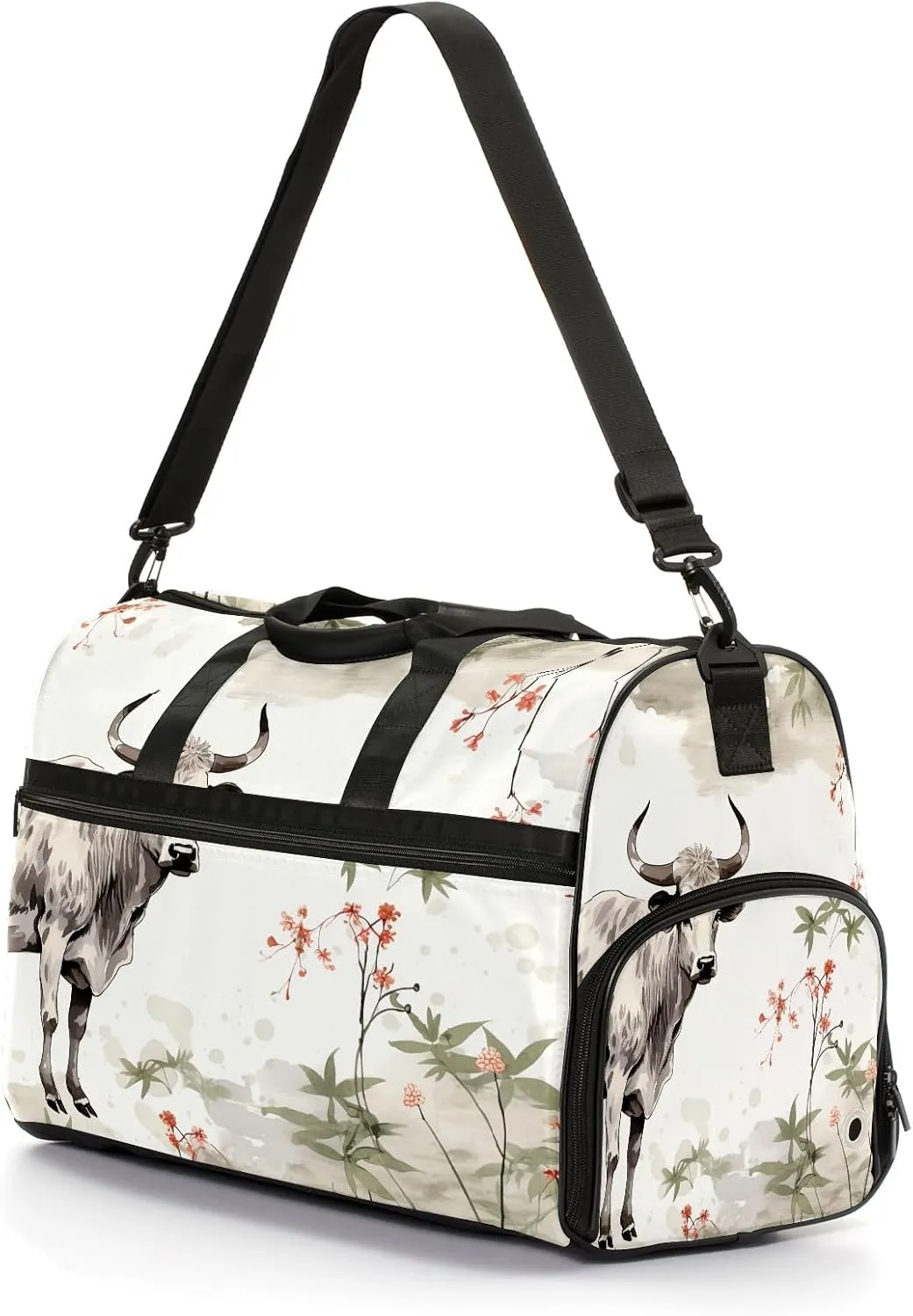 Sports Gym Bag for Women, Sport Duffle Workout Bags with Shoe Compartment, Small Womens Gym Bags, Chinese Painting Cow - 1