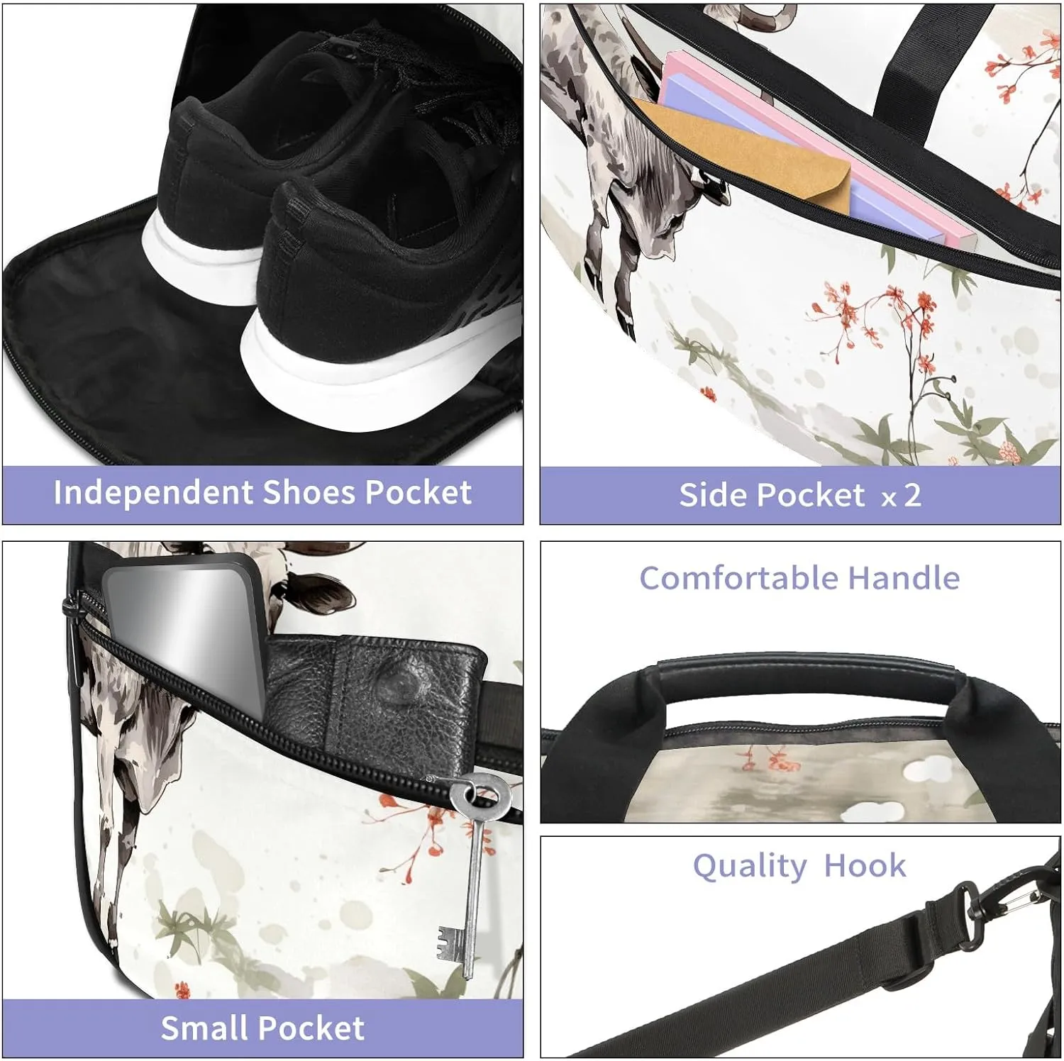 Sports Gym Bag for Women, Sport Duffle Workout Bags with Shoe Compartment, Small Womens Gym Bags, Chinese Painting Cow - 1