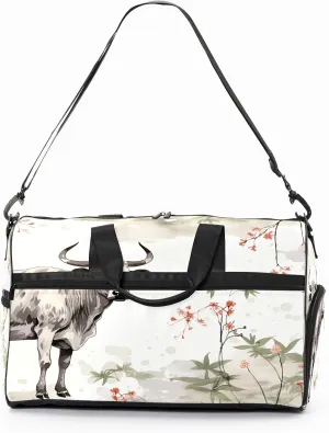 Sports Gym Bag for Women, Sport Duffle Workout Bags with Shoe Compartment, Small Womens Gym Bags, Chinese Painting Cow - 1