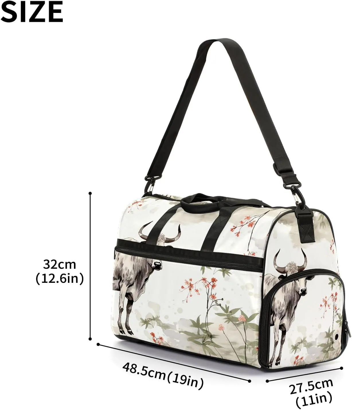 Sports Gym Bag for Women, Sport Duffle Workout Bags with Shoe Compartment, Small Womens Gym Bags, Chinese Painting Cow - 1