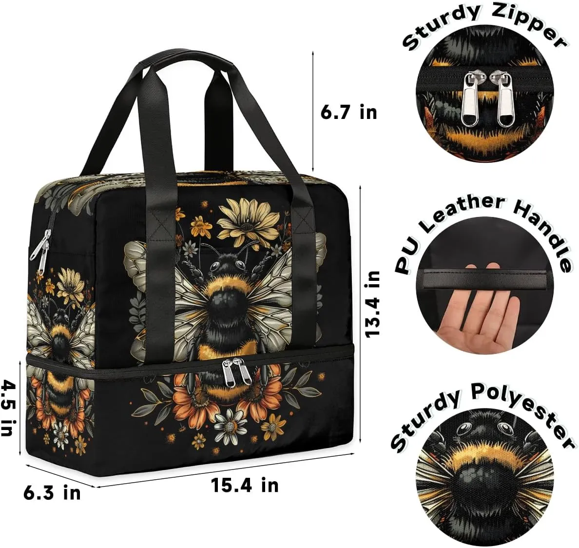 Sports Gym Bag Retro Bee Flower Travel Duffel Bag Waterproof Lightweight Swim Bag Travel Tote Luggage Weekender Overnight Handbag Workout Bag with Shoes Compartment for Women Men