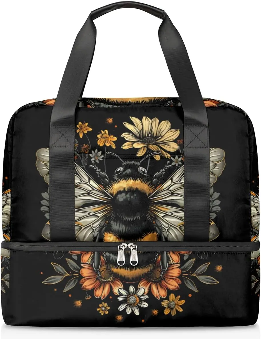 Sports Gym Bag Retro Bee Flower Travel Duffel Bag Waterproof Lightweight Swim Bag Travel Tote Luggage Weekender Overnight Handbag Workout Bag with Shoes Compartment for Women Men