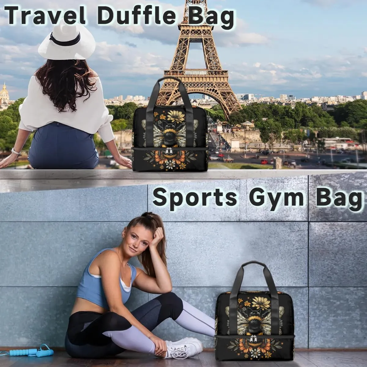 Sports Gym Bag Retro Bee Flower Travel Duffel Bag Waterproof Lightweight Swim Bag Travel Tote Luggage Weekender Overnight Handbag Workout Bag with Shoes Compartment for Women Men